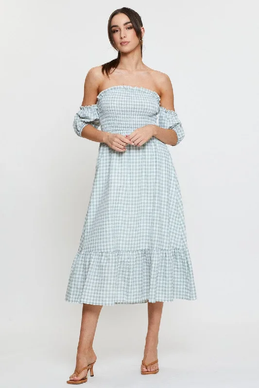 Check Midi Dress Off Shoulder Short Sleeve