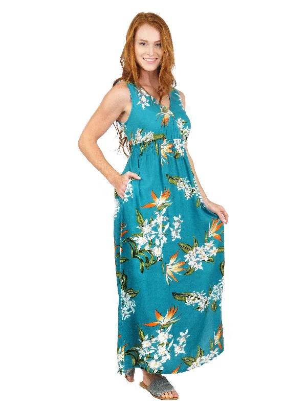 La Cera Teal Floral Printed Sleeveless Rayon Maxi Dress