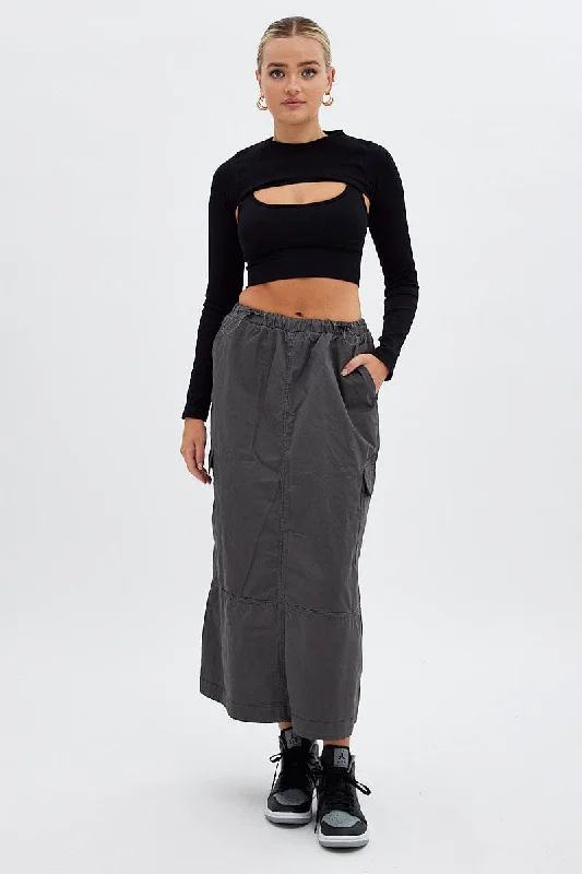 Grey Maxi Skirt Low Rise Cargo Parachute