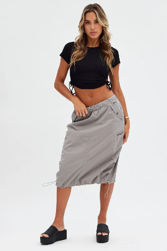 Grey Midi Skirt Mid Rise Cargo Drawstring Elastic Waist