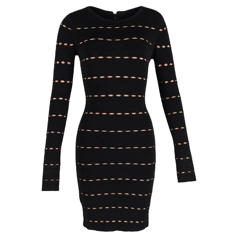 Herve Leger Elaine Long Sleeve Bodycon Dress in Black Cotton