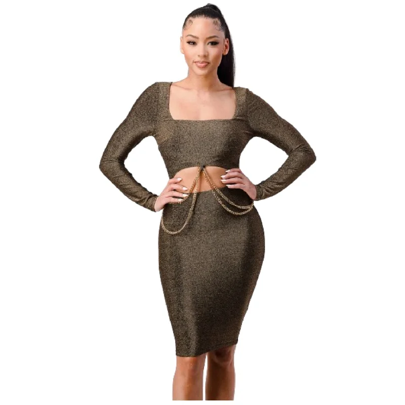 Luxe Waist Gold Chain Cut-out Detail Square Neck Glitter Bodycon Dress