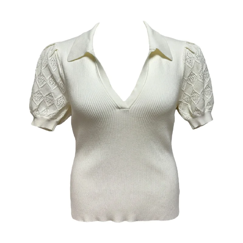 Pointelle Puff Sleeve Polo Top Short Sleeve Designer By Milly In White, Size: L