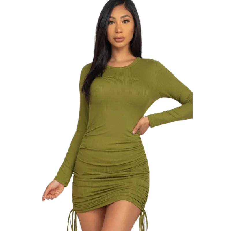 Ribbed Long Sleeve Drawstring Bodycon Dress