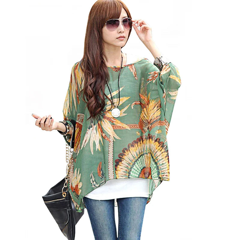 Women's Chiffon Blouse Fashion Designer Printed T-Shirts (Plus Size)