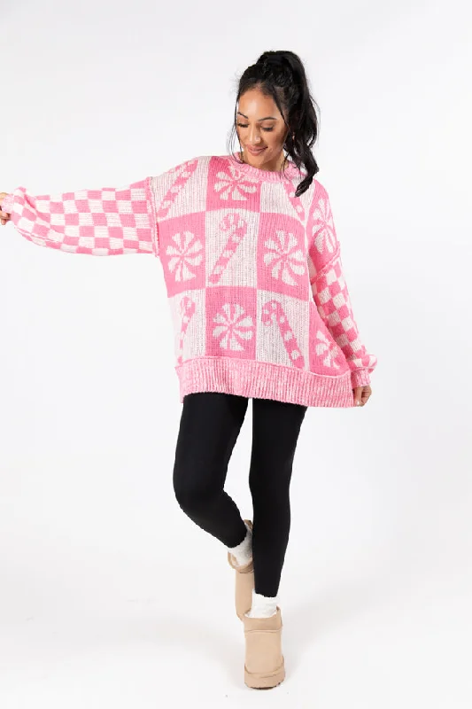 Candy Cane Lane Candy Pattern Sweater Pink