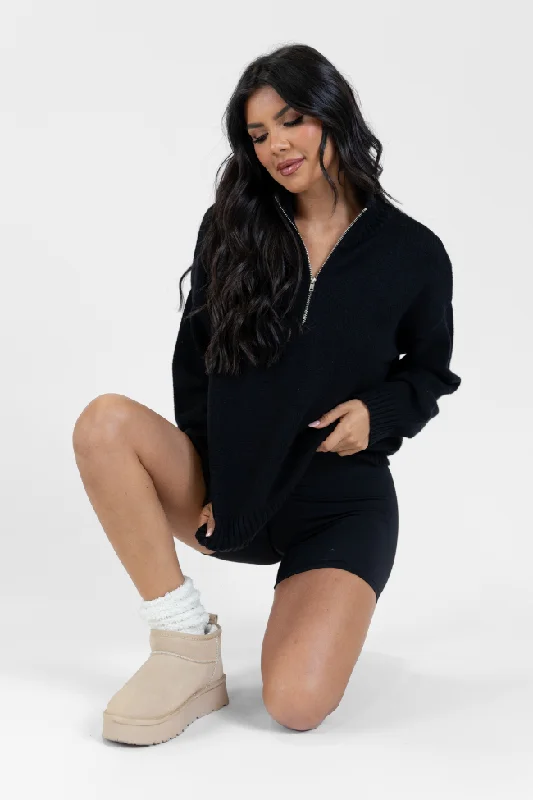 Roll With It Black Solid Quarter Zip Sweater