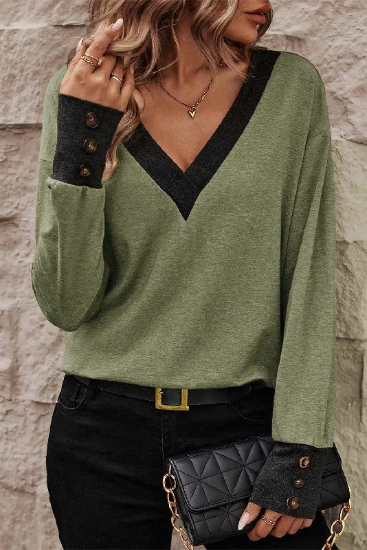 V Neck Button Cuffed Long Sleeve Top