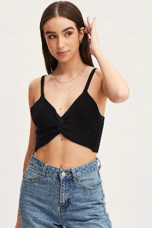 Black Knit Top Sleeveless Crop Cross Over