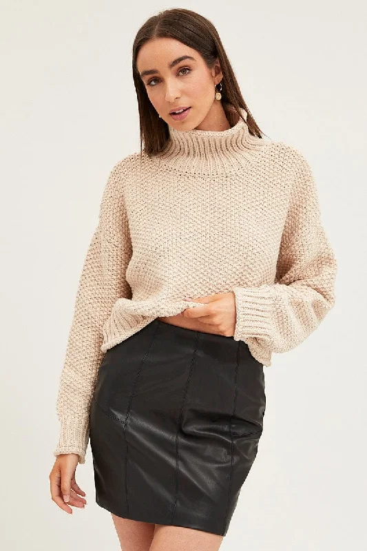 Neutral Knit Top Long Sleeve Relaxed Turtleneck