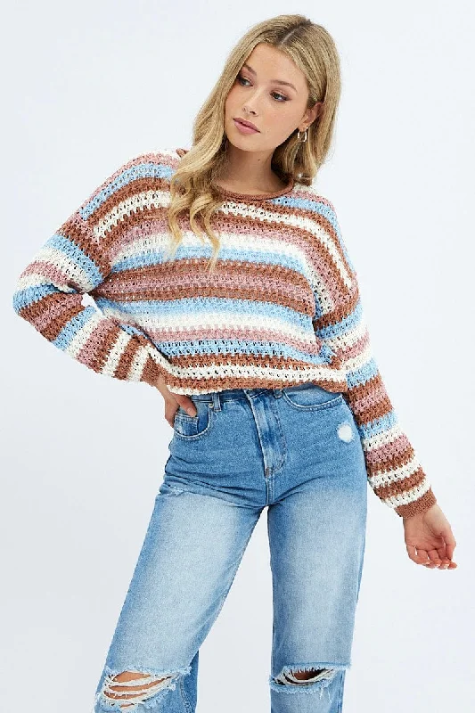 Stripe Knit Top Long Sleeve Relaxed Crew Neck