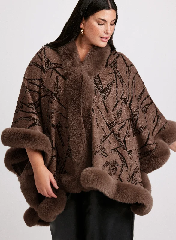 Abstract Faux Fur Trim Poncho